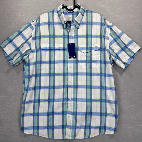 NWT Huk Men’s Latitude Tide Point Short Sleeve Button Up Flannel Performance New - Picture 4 of 15